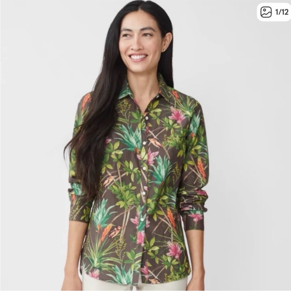 J McLaughlin Britt Silk Cotton Shirt Mangrove Idyll Brown Multi Size Large